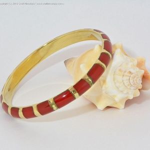 Handmade Brass Bracelet With Red Stone Inlays